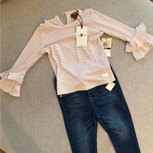 7 For All Mankind White and Pink Long Sleeve Tee